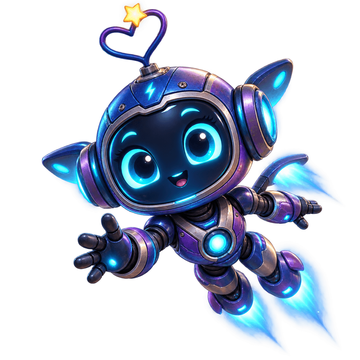 Nova, a galaxy-coloured flying robot helper with a heart antenna
